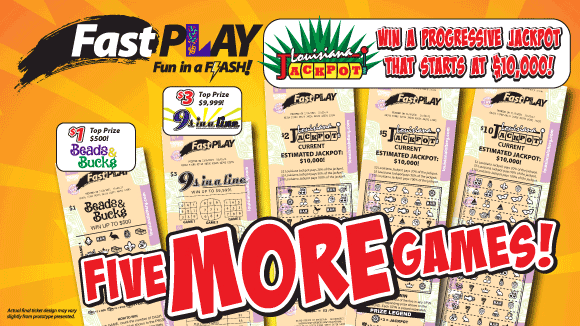 Advertisement for Louisiana Jackpot Fast Play games, featuring example tickets on an orange background