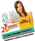 Woman in yellow tshirt holds fanned out money. Text reads "20 Years T-Shirt Design Contest"