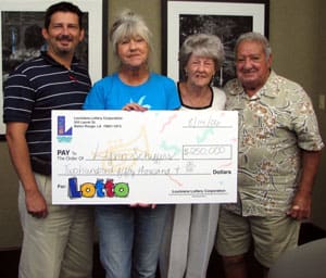 Two men and two women pose with giant check in front of a plain wall with framed art