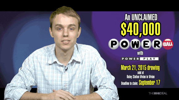 Man in checkered button down beside text that reads "An Unclaimed $40,000 Powerball with Powerplay" and drawing details