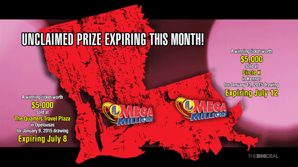 Red outline of Louisiana state with two Mega Millions logos on it and text about two unclaimed prizes expiring soon