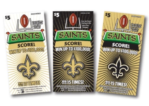 Three Saints Score! scratch off tickets in white, black, and gold fanned out on a white background