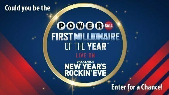 Golden ring on a blue and red background encircles text that reads "Powerball First Millionaire of the Year Live on Dick Clark