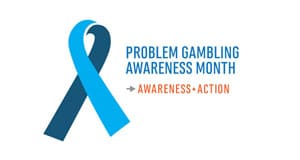 Blue cartoon ribbon beside text that reads "Problem Gambling Awareness Month, Awareness + Action"