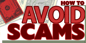 Red text reads "How to Avoid Scams" over a white background with dollar bills