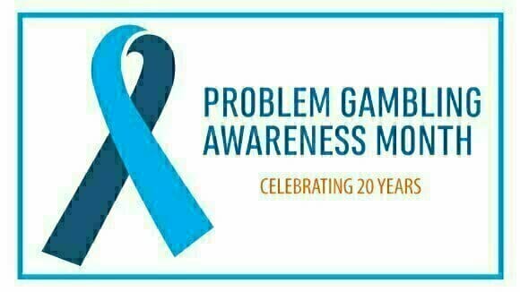 White rectangle with a blue border surrounds a cartoon blue ribbon and text that reads "Problem Gambling Awareness Month, Celebrating 20 Years"