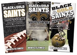 Three Saints themed scratch off tickets fanned out on a white background