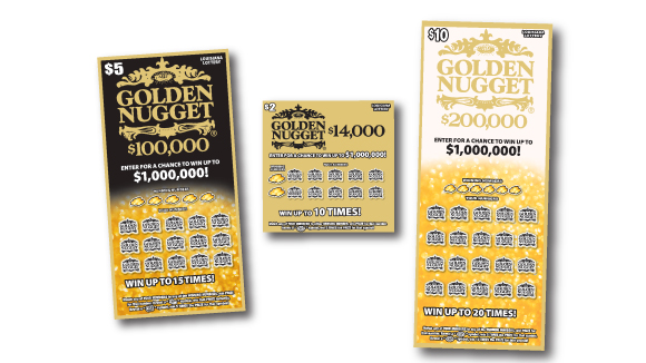 Three gold, black and white "Golden Nugget" game tickets appear on a white background.