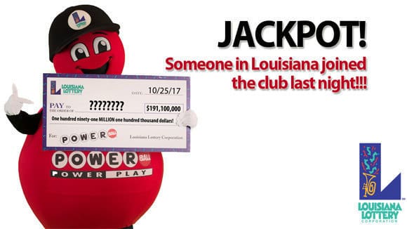 Red Powerball mascot holds and points to an oversized check. Black and red text reads "Jackpot! Someone in Louisiana joined the club last night!"