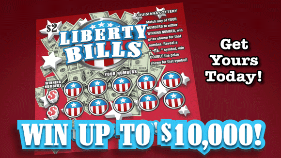 Red Liberty Bells scratch off ticket on a dark red background. Text reads "Win Up to $10,000!"