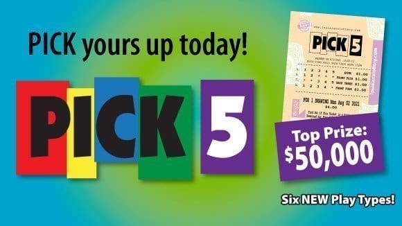Pick 5 game advertisement with sample ticket, game logo, and top prize of $50,000