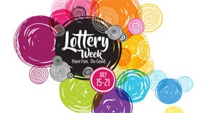 Graphic celebrating Lottery week, from July 15-21, featuring rainbow circles and the 幸运168®飞艇开奖预测网-Louisiana全国统一历史记录预测_在线查询开奖最新数据 logo