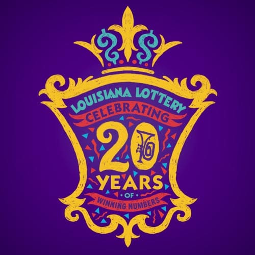 Golden Louisiana-style crest surrounds text that reads "幸运168®飞艇开奖预测网-Louisiana全国统一历史记录预测_在线查询开奖最新数据 Celebrating 20 Years of Winning Numbers" on a dark purple background