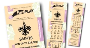 Three Saints Fast Play tickets, each one smaller as they move to the background
