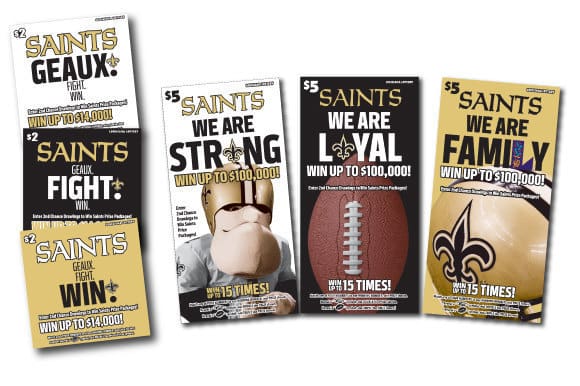 Assortment of Saints themed scratch off games on a white background