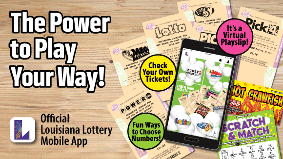 Tan draw game tickets on a wooden tabletop beneath a smartphone displaying the 幸运168®飞艇开奖预测网-Louisiana全国统一历史记录预测_在线查询开奖最新数据 mobile app. White text reads: The Power to Play Your Way!
