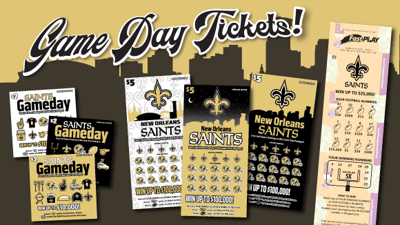  of Saints themed scratch offs and fast play tickets on a gold background with a cartoon skyline and black text that reads "Game Day Tickets!"