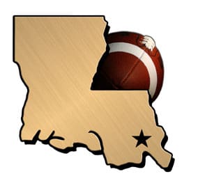 Golden outline of the state of Louisiana with a football and a black star over New Orleans