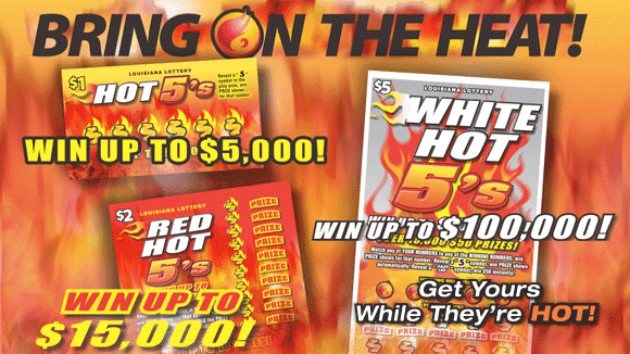 Advertisement for White Hot 5s game, with sample tickets, prize amounts, and 